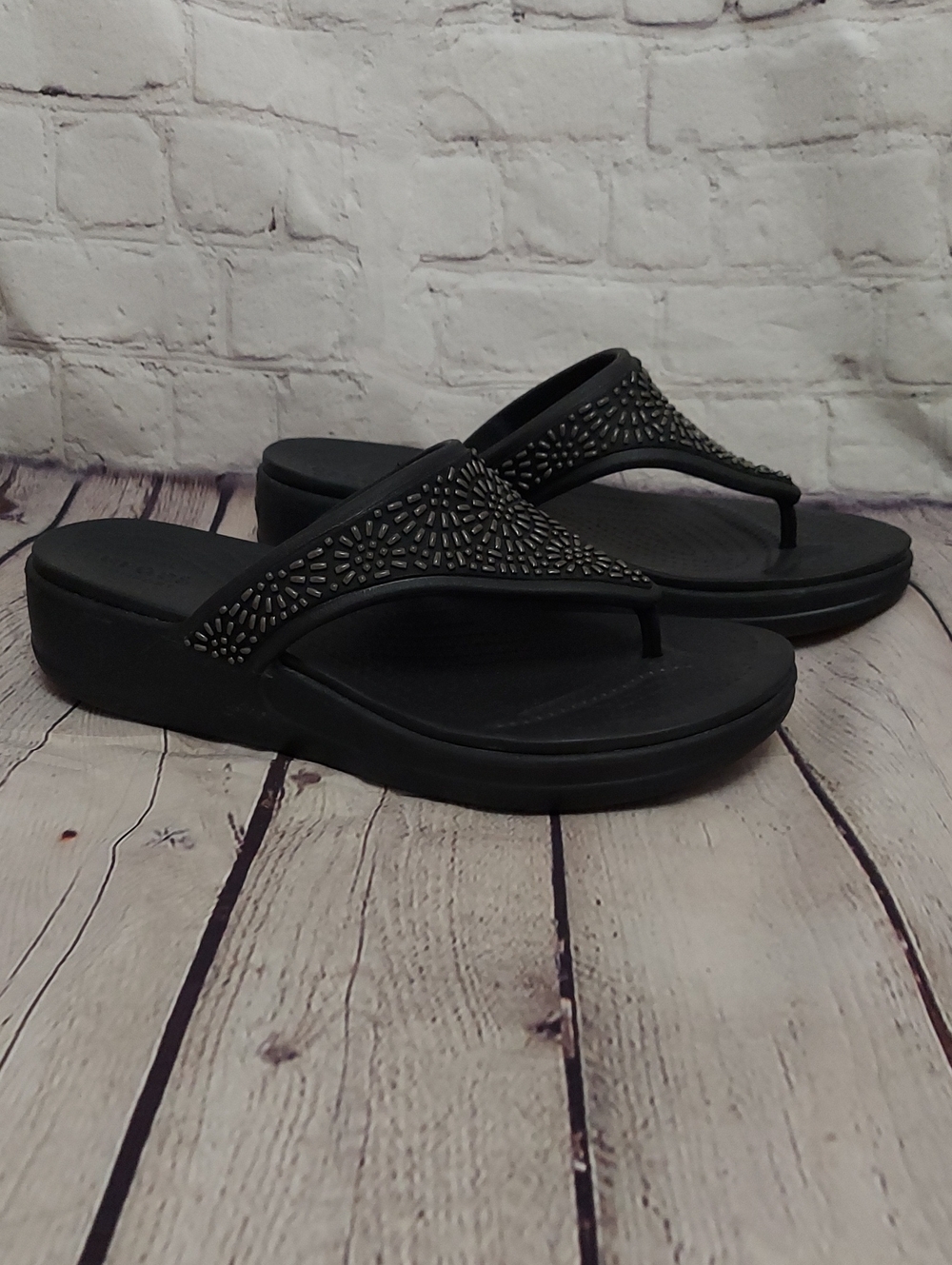Crocs Monterey Shimmer Wedge Women's 10 Flip Flop Sandals Comfort Navy